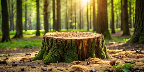 Fototapeta premium Freshly cut tree stump with growth rings and scattered seeds in sunlight in forest setting