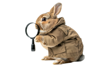 Rabbit exploring with magnifying glass isolated on transparent background