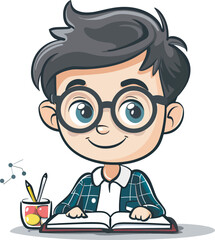 Smart Boy Studying With Book Cartoon Illustration Education Knowledge Nerd StudentImage