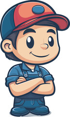 Confident cartoon mechanic mascot character arms crossed smilingillustration isolated on background for repair service logo branding or handyman business advertising campaign