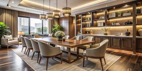 Stylishly arranged living space showcasing perfectly coordinated dining room furniture, including a modern table, elegant chairs, and sleek cabinetry, evoking warmth and inviting ambiance.