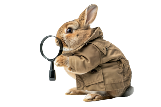 Rabbit exploring with magnifying glass isolated on transparent background - Powered by Adobe