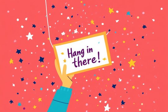 National Day of Encouragement. Flat illustration of hand holding a note that says "Hang in there!" colorful confetti and stars around it, conveying a positive and uplifting vibe in a minimalist style