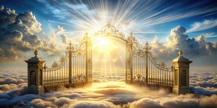 Stylized illustration of pearly gates adorned with clouds, rays of light, and intricate details, evoking a sense of serenity and entrance to a divine realm.