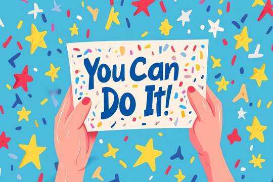 National Day of Encouragement. Flat illustration of a hand holding a note that says "You Can Do It!" with colorful confetti and stars, positive and uplifting vibe in a minimalist style
