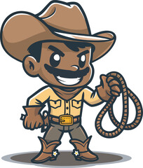 Cute cartoon cowboy holding lasso western character design mascot logo illustration background isolated wild west america texas rodeo sheriff bandana boots hat fun kids