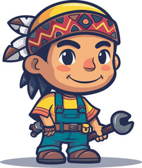 Cute Cartoon Native American Boy Mechanic Wrench Repairman Mascot Logo Character Design Illustration Background