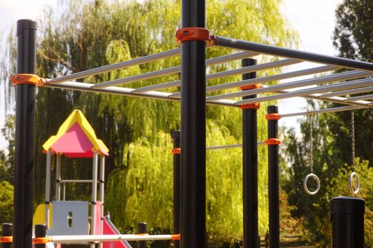 A sport complex with horizontal ladder at a playground. Close-up