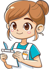 Cute cartoon young girl writing notes taking down information friendly character design hand drawn style isolated illustration white background