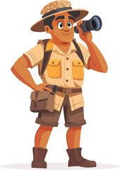African explorer character wearing safari outfit looking through binoculars cartoon style isolated background adventure wildlife travel nature discovery guide safari tourism concept illustration