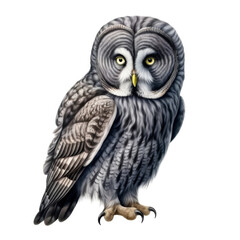 Obraz premium A Gray Owl With Yellow Eyes Perched