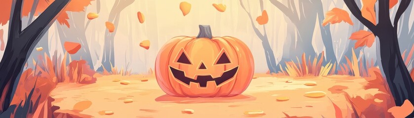 A whimsical Halloween pumpkin with a carved face amidst autumn leaves in a misty forest setting.