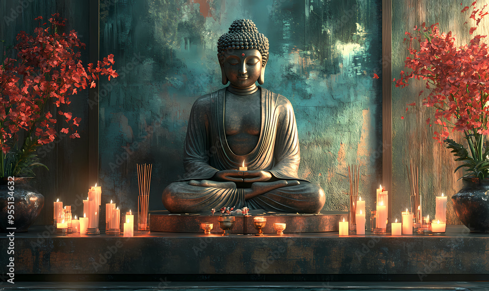 Wall mural a peaceful 3d buddha in a meditative pose, surrounded by candles and incense, with detailed textures