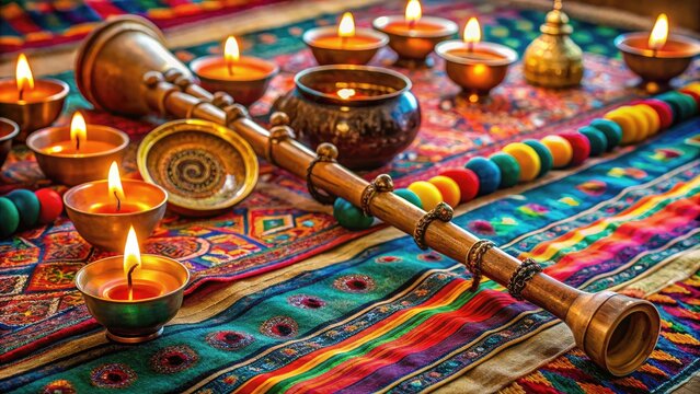 Traditional Tibetan wind instrument xilophone lies on a colourful woven rug amidst intricate ornaments and candles, evoking a serene, mystical atmosphere.