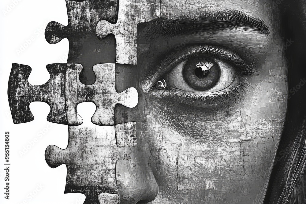Poster neurocognition neuronal network close up of a woman’s face with a puzzle piece missing from her eye 
