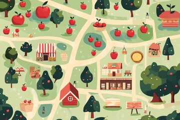 Flat illustration of a stylized map of the festival grounds, highlighting different activities like apple picking, pie-eating contests, craft booths, with charming illustrations of apples and trees 