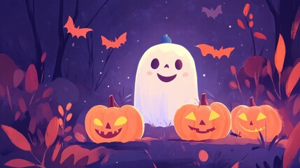 Fototapeta premium A whimsical Halloween scene featuring a cheerful ghost and glowing pumpkins among dark foliage and flying bats.