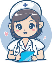 Obraz premium Cute Female Doctor With Stethoscope and Clipboard Medical Healthcare Professional Cartoon Illustration