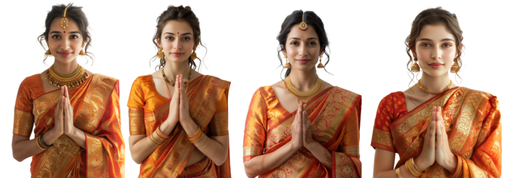 Indian woman in saree in prayer pose or welcoming guests isolated on transparent background