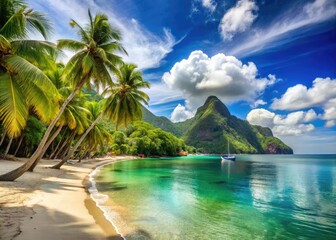 Turquoise waters gently lap against the powdery white sand of a picturesque St. Lucia beach, with lush green palms swaying in the tropical breeze.