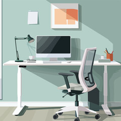Modern home office workspace desk computer nobody freelance work from home interior illustration design minimal graphic pastel colors business workplace concept