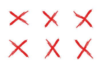 Painted red X mark collection. Crossed X symbol vector illustration set. Cross design element to cancel, reject and refuse something.