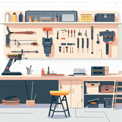 Workshop interior workbench tools equipment garage storage DIY workspace craftsman carpentry carpentry tools repairman hand tools instruments renovation building construction house maintenance