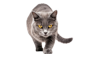Obraz premium A playful gray cat with a sleek coat and bright yellow eyes, a white backdrop