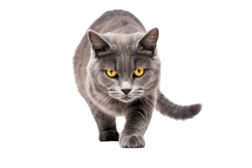 A playful gray cat with a sleek coat and bright yellow eyes, a white backdrop