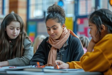 Fototapeta premium Teenage Girl in Classroom with Colorful Background