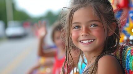 Patriotic Small-Town Labor Day Parade: Kids Waving Flags, Bands Playing, Red, White, and Blue Floats