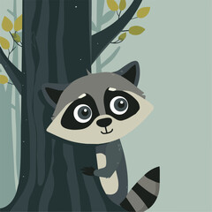 Cute Raccoon Hiding Behind Tree Trunk Woodland Animal Wildlife Nature Forest Adorable Cartoon IllustrationDesign Element Graphic Digital Drawing Mascot Logo Icon Greeting Card Children Book Cover