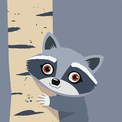 Cute Raccoon Hiding Behind Tree Wildlife Illustration Cartoon Character Design Forest Animal Background Isolated Digital Art Graphic Adorable Furry Mammal Nature Wilderness Woodland Mascot