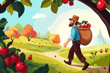 Flat illustration of Johnny Appleseed character walking through a picturesque countryside, carrying a sack of apple seeds, with cartoonish apple trees and a bright, clear sky