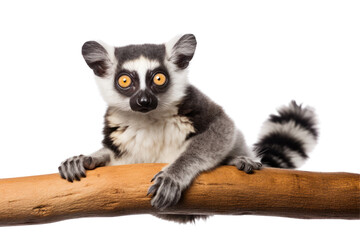 Fototapeta premium A playful lemur cat with large, expressive eyes and a striped tail, isolated on white background