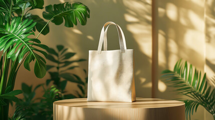 A beige canvas tote bag mockup on wooden product display podium with nature leaves background, Eco friendly totebag mock up made of natural cotton. Reusable shopper ecobag canvas for design