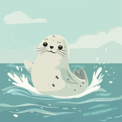 Cute baby seal swimming ocean cartoon animal wildlife water marine nature happy adorable aquatic mammal sea life splash fin flipper underwater fauna character illustration icon design isolated
