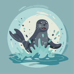 Cute Happy Seal Jumping Splashing Water Ocean Animal Wildlife Cartoon Illustration Background Design Greeting Card Invitation Poster Apparel Merchandising Baby Clothes Sticker Decoration Graphic