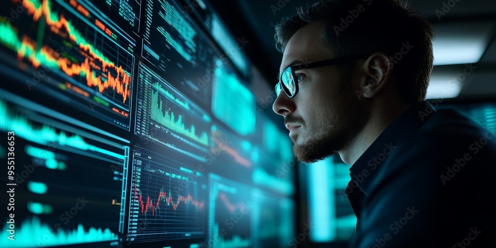 Poster Financial analyst reviewing risk management data on a digital platform secure and detailed interface