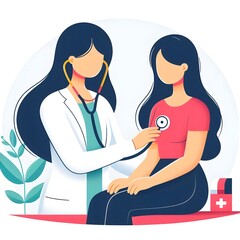 Flat Design Cartoon Female Doctor Using a Stethoscope on a Female Patient