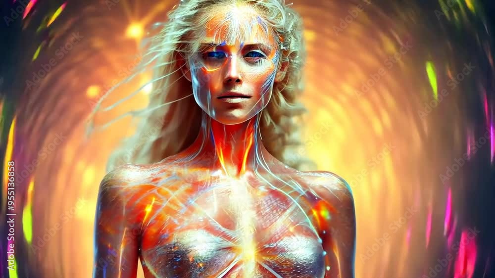 Poster mystical spirtual woman with astral projection in ethereal light setting generative ai