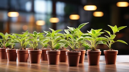 Panoramic format image wooden table top with pot plants blurred background for products 
