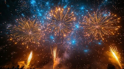 Fototapeta premium Vibrant Labor Day Community Firework Display Delights Families with Spectacular Colors in the Night Sky