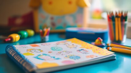 Fototapeta premium A notebook filled with colorful drawings and stickers, lying on a table with crayons and a small toy beside it.