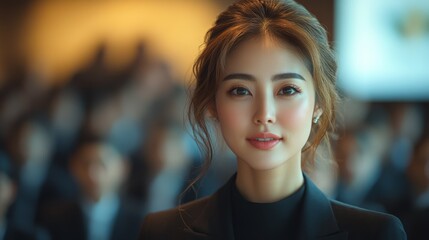 Confident woman speaking at business conference