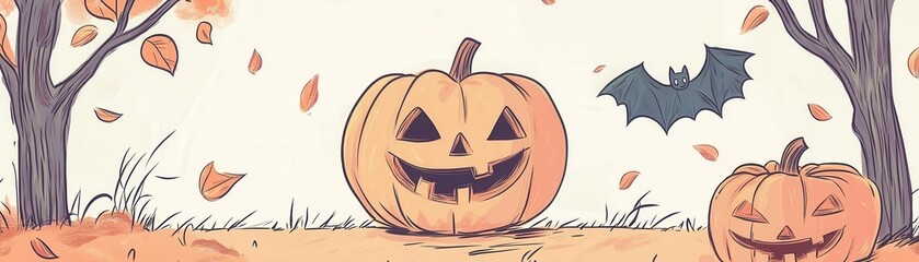 Fototapeta premium A whimsical Halloween scene featuring smiling pumpkins, floating leaves, and a bat, perfect for festive decorations and designs.