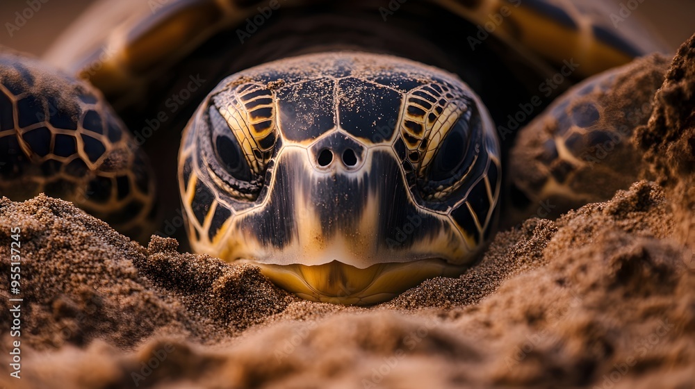Aufkleber close up view of a sea turtle slowly and methodically covering its freshly laid eggs with soft sand 