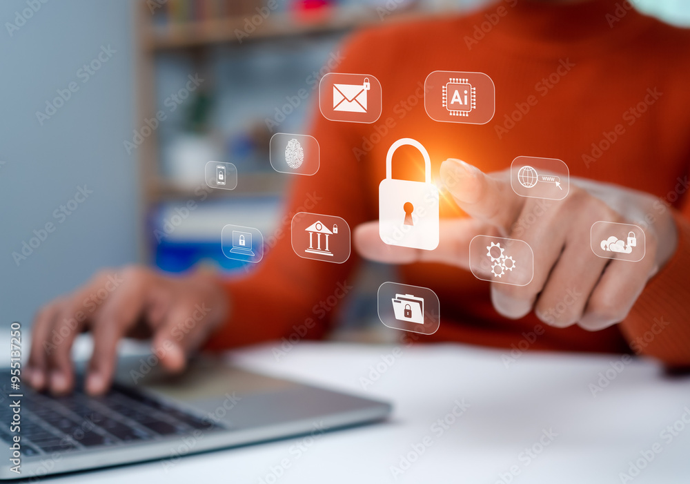 Aufkleber business woman showing key and network security represents protection against cyber attacks and onli