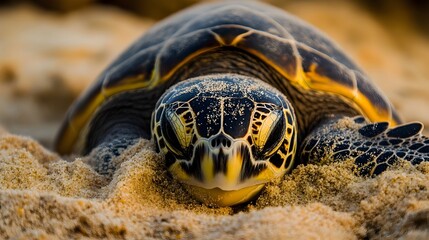 Obraz premium Closeup of a Sea Turtle Carefully Covering Its Newly Laid Eggs With Sand on a Tropical Beach The Turtle is Protecting Its Nest and Ensuring the Survival of the Next of Its Species