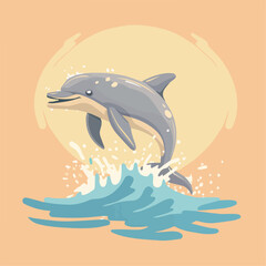 Cute Dolphin Jumping Over Ocean Waves Summer Sea Life Illustration Cartoon Background